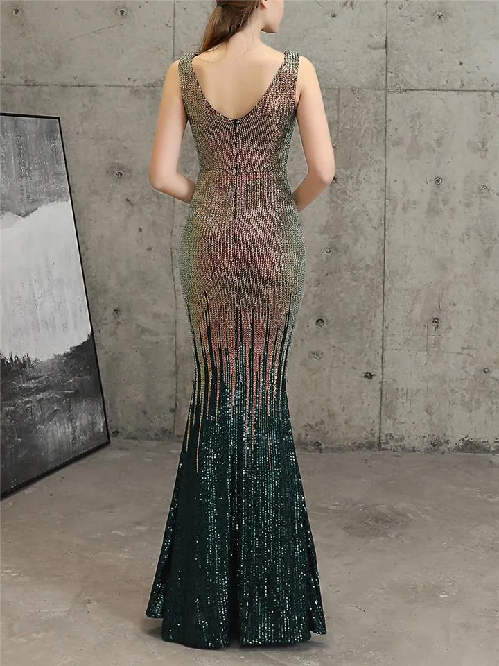 Exquisite Sequined V Neck Mermaid Maxi Dress for Evening Party