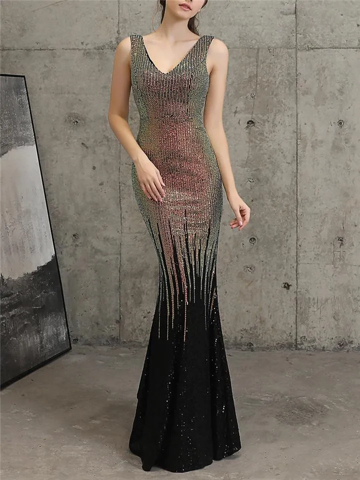 Exquisite Sequined V Neck Mermaid Maxi Dress for Evening Party