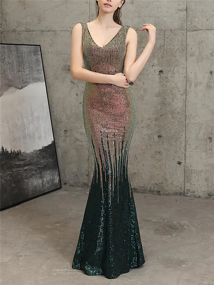 Exquisite Sequined V Neck Mermaid Maxi Dress for Evening Party