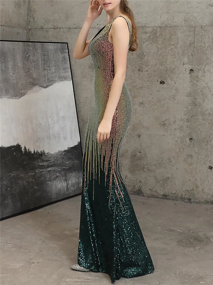 Exquisite Sequined V Neck Mermaid Maxi Dress for Evening Party