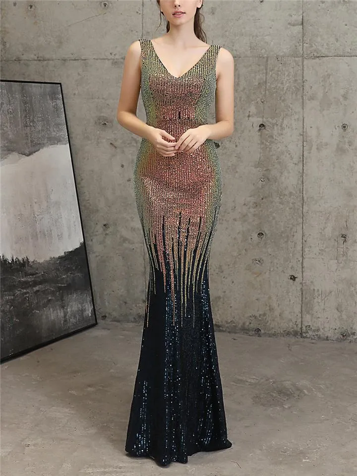 Exquisite Sequined V Neck Mermaid Maxi Dress for Evening Party