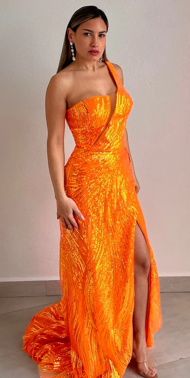 Eye Catching Orange Sequins Formal Gown