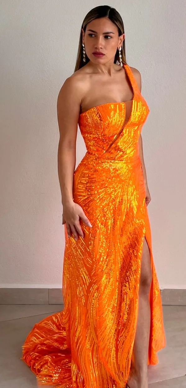 Eye Catching Orange Sequins Formal Gown