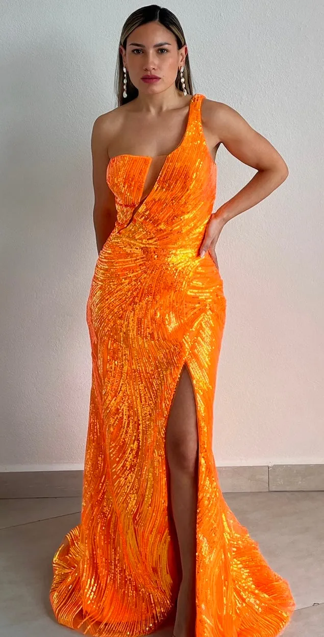 Eye Catching Orange Sequins Formal Gown
