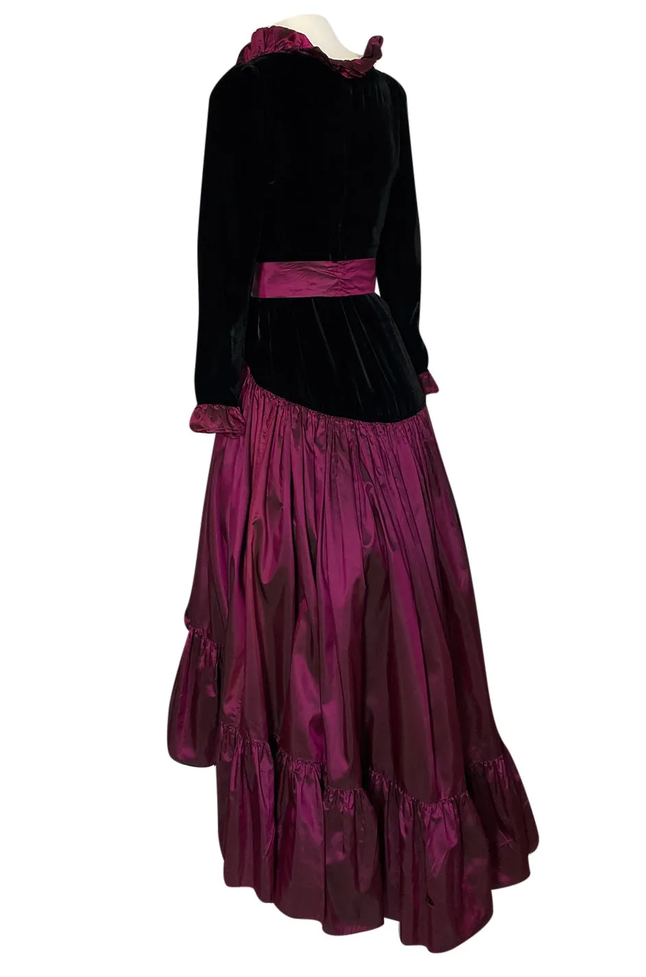 Fall 1980 Yves Saint Laurent Silk Taffeta & Velvet Dress w Asymmetrical Hem