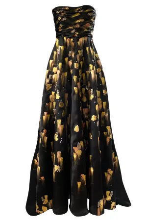 Fall 2008 Oscar De La Renta Strapless Hand Painted Gold & Black Silk Dress