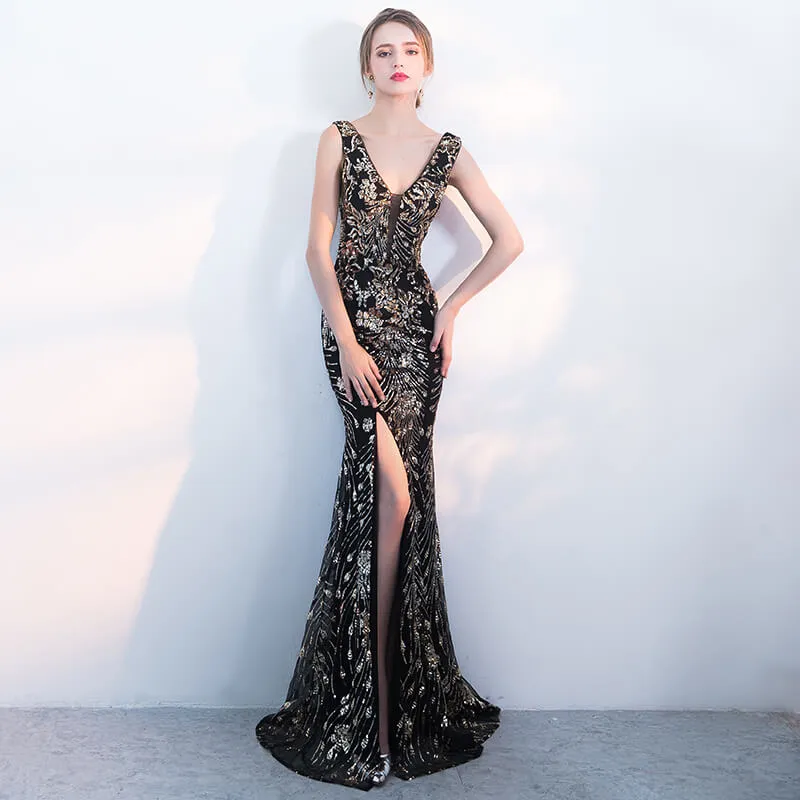 [Final Sale] Black Noble Plunging V Cut Sleeveless Evening Dress