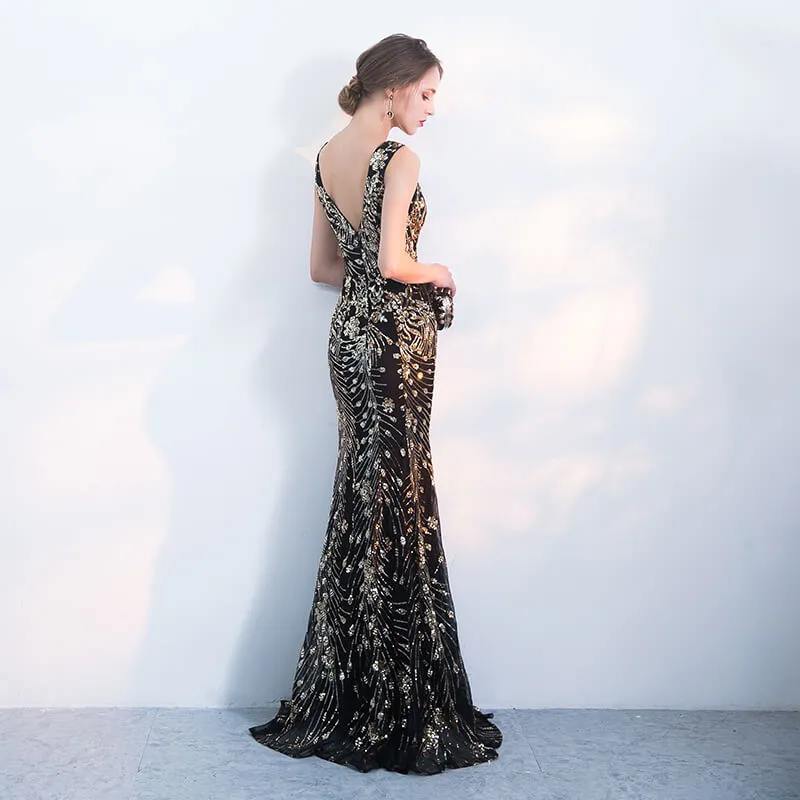 [Final Sale] Black Noble Plunging V Cut Sleeveless Evening Dress