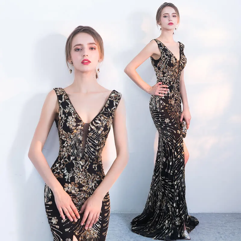 [Final Sale] Black Noble Plunging V Cut Sleeveless Evening Dress