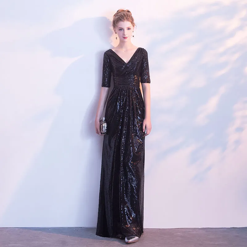 [Final Sale] Red V Cut Half Sleeves Sequined Evening Dress