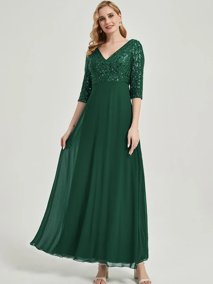 [Final Sale]White 3/4 Sleeve V-Neck Sequin Chiffon Maxi Formal Evening Dresses