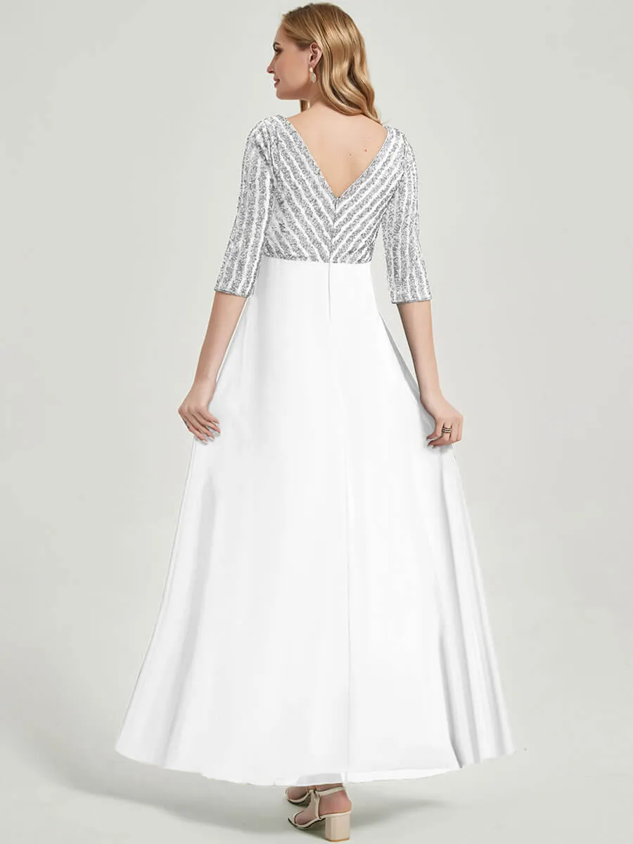 [Final Sale]White 3/4 Sleeve V-Neck Sequin Chiffon Maxi Formal Evening Dresses