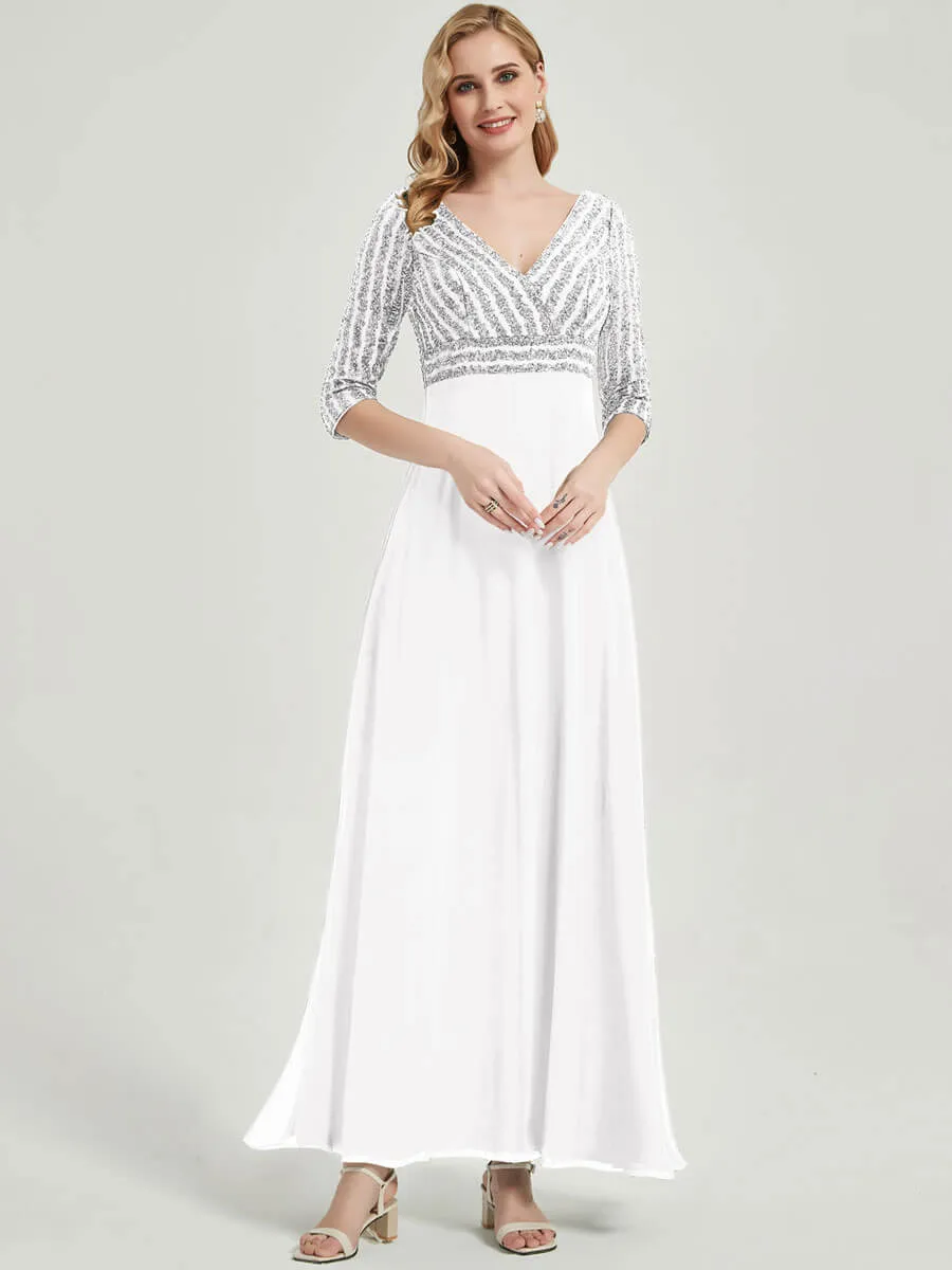 [Final Sale]White 3/4 Sleeve V-Neck Sequin Chiffon Maxi Formal Evening Dresses