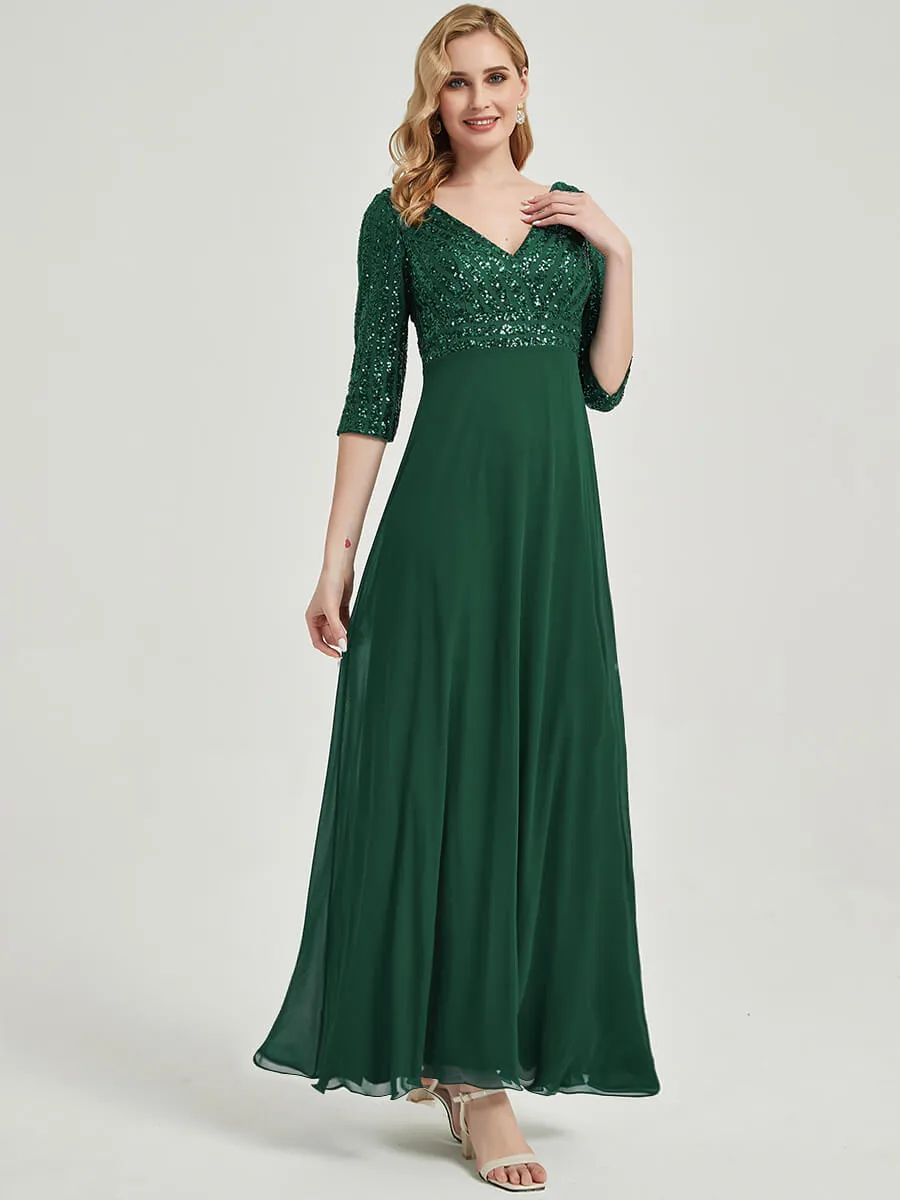 [Final Sale]White 3/4 Sleeve V-Neck Sequin Chiffon Maxi Formal Evening Dresses