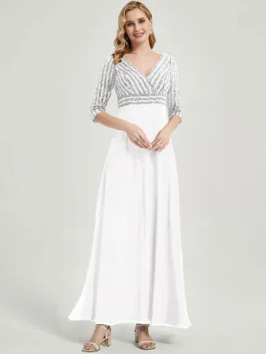 [Final Sale]White 3/4 Sleeve V-Neck Sequin Chiffon Maxi Formal Evening Dresses