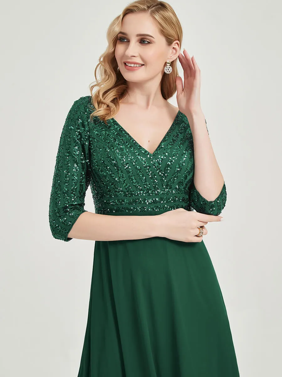 [Final Sale]White 3/4 Sleeve V-Neck Sequin Chiffon Maxi Formal Evening Dresses
