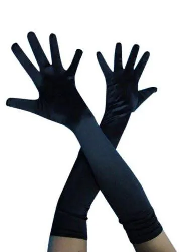 Flapper Long Black Satin Lycra Stretch Deluxe Gloves