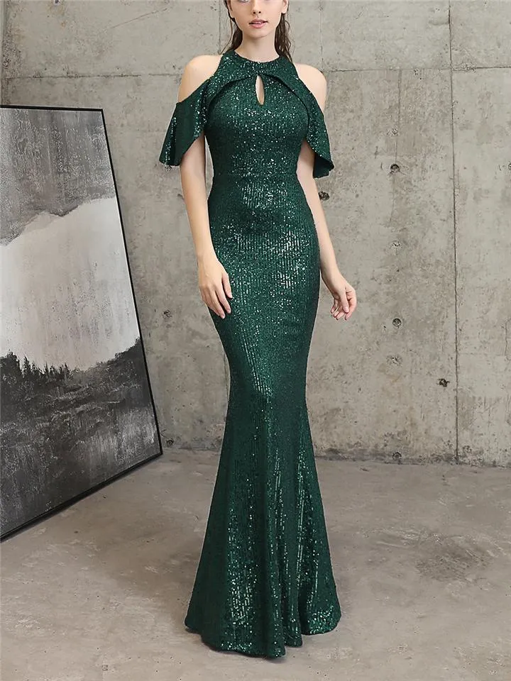 Flattering Off Shoulder Sequined Cap Sleeve Mermaid Dress for Formal Party