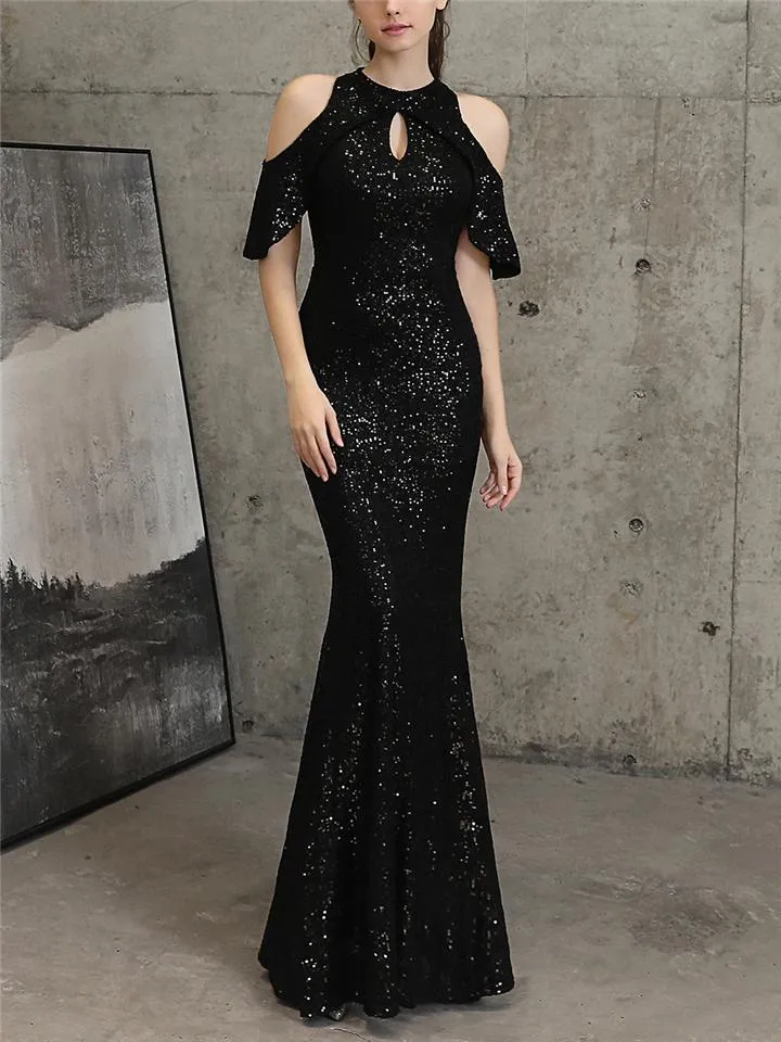 Flattering Off Shoulder Sequined Cap Sleeve Mermaid Dress for Formal Party