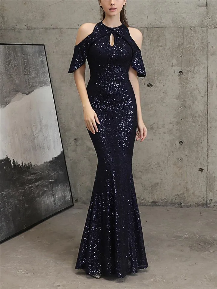 Flattering Off Shoulder Sequined Cap Sleeve Mermaid Dress for Formal Party