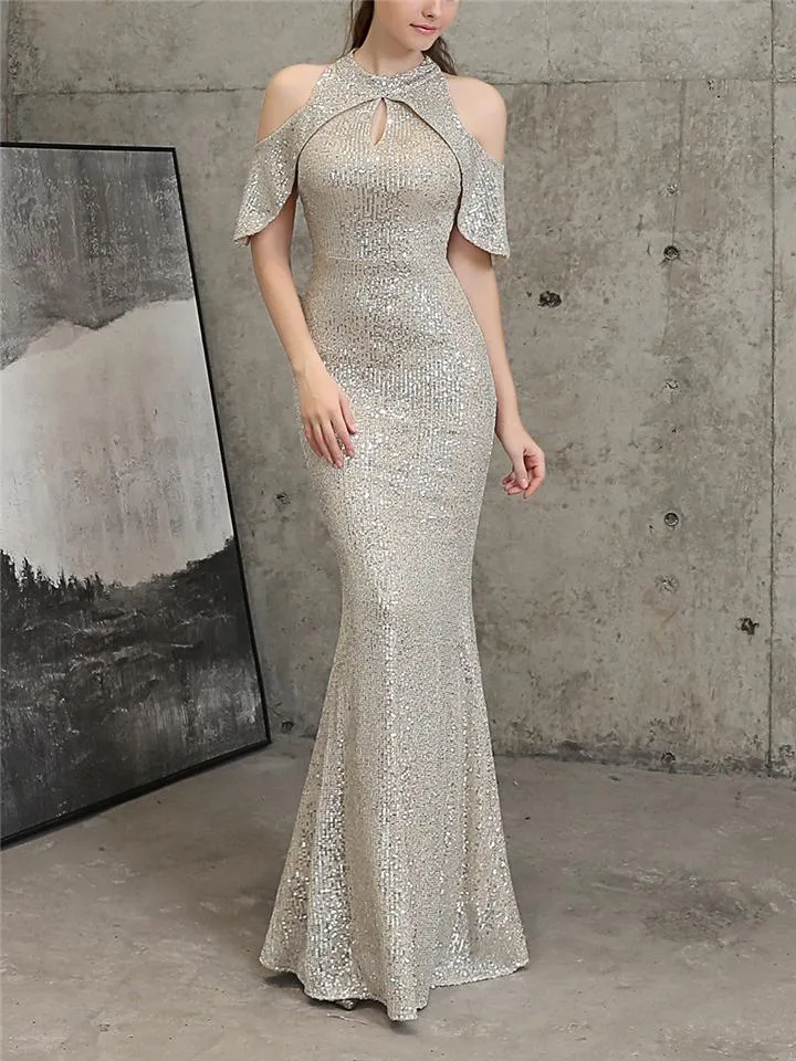 Flattering Off Shoulder Sequined Cap Sleeve Mermaid Dress for Formal Party