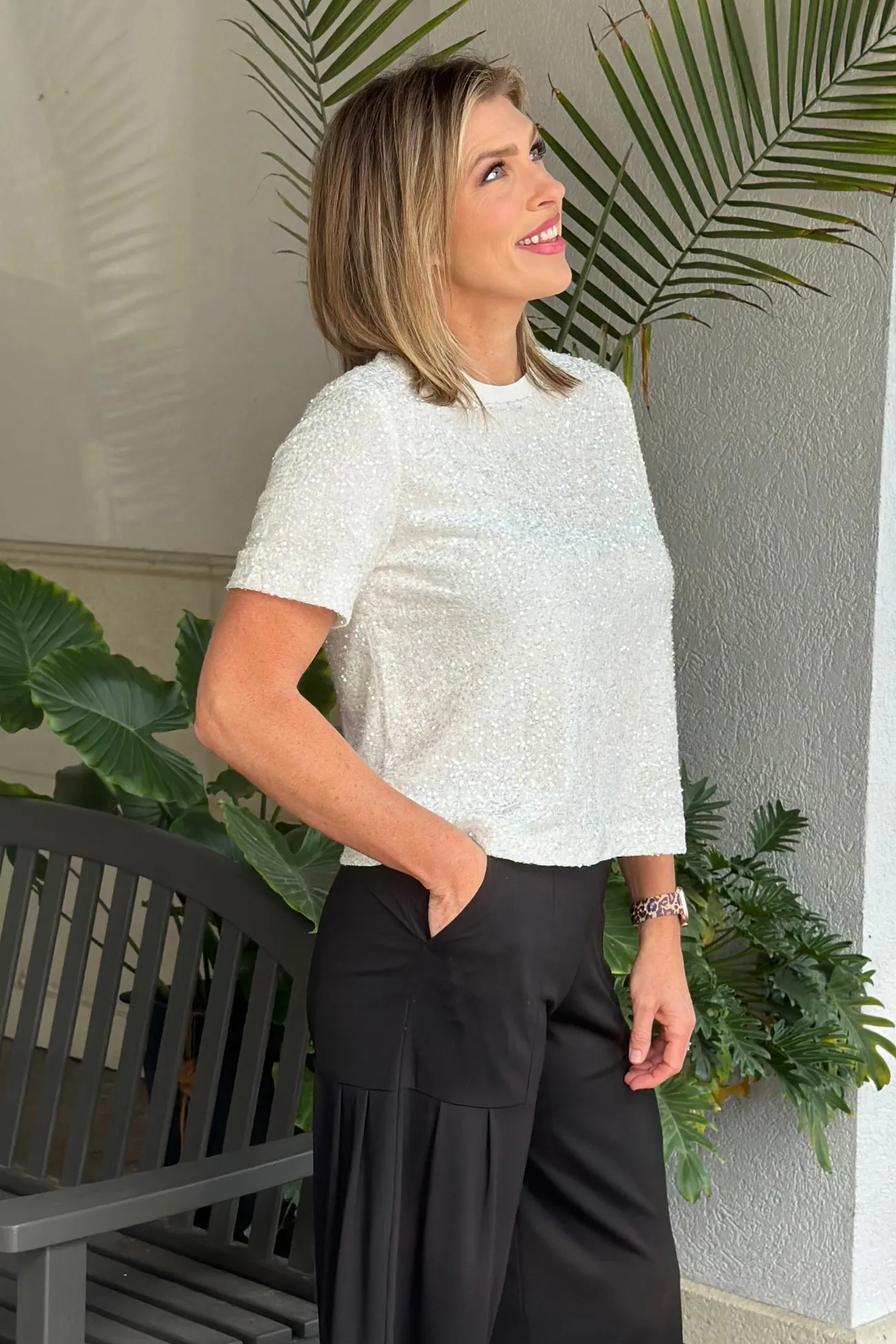 Flirtatious Snow White Sequin Short Sleeve Top