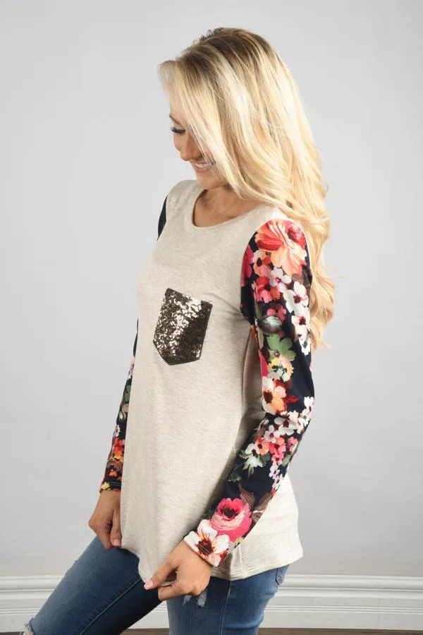 Floral Glam Pocket Top ~ Navy