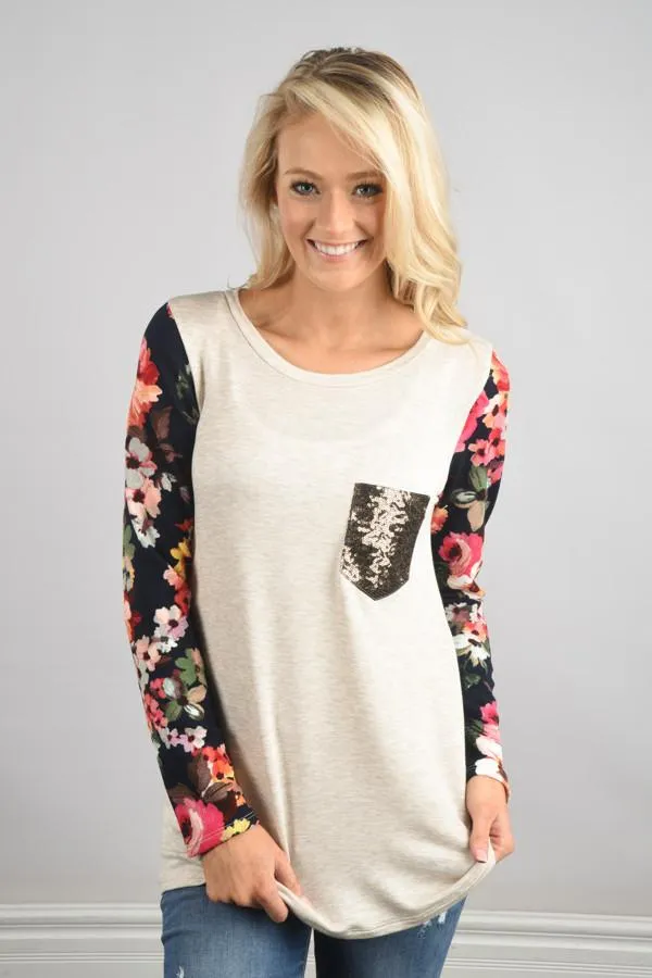 Floral Glam Pocket Top ~ Navy