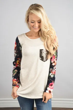 Floral Glam Pocket Top ~ Navy