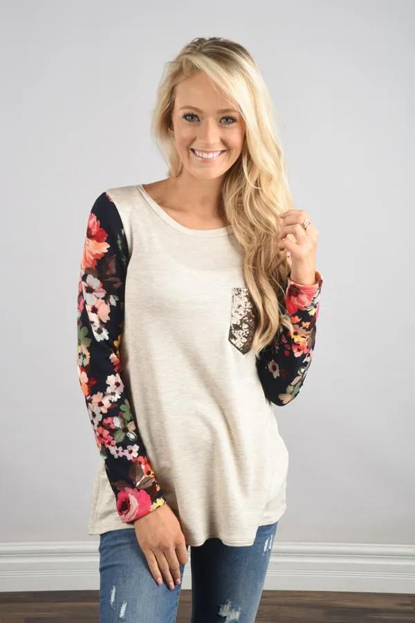 Floral Glam Pocket Top ~ Navy