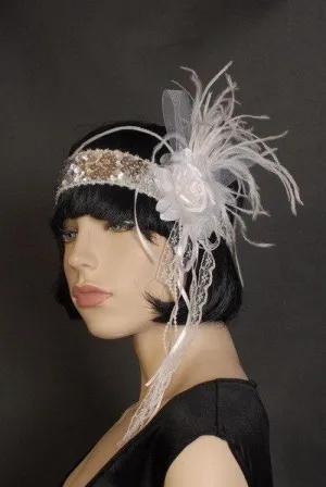Flower White Flapper Headband Deluxe