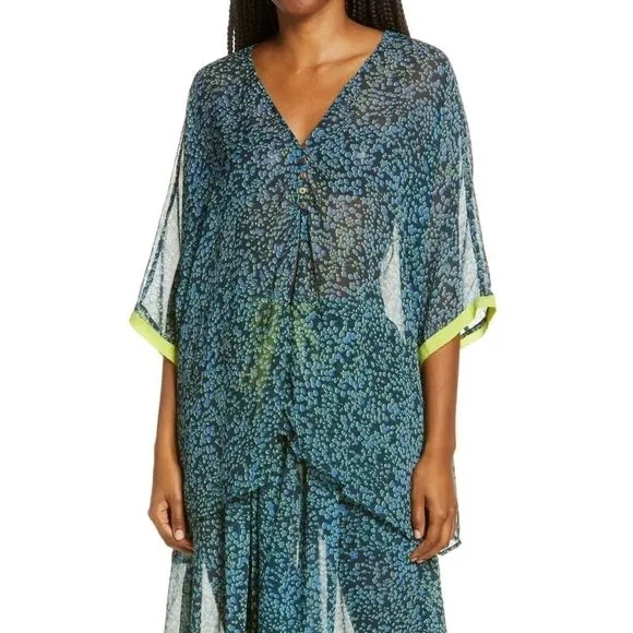 Free People Sleepin In Sheer Shirt &amp; Pant Lounge PJ Set Leopard Print Blue sz xz