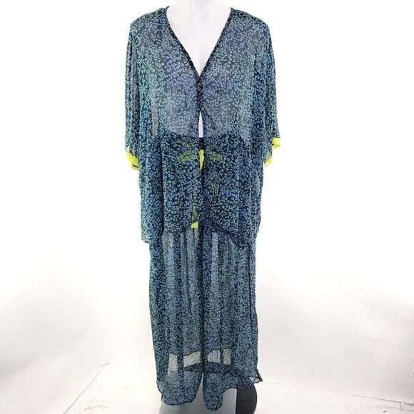 Free People Sleepin In Sheer Shirt &amp; Pant Lounge PJ Set Leopard Print Blue sz xz