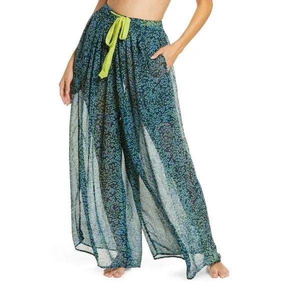 Free People Sleepin In Sheer Shirt &amp; Pant Lounge PJ Set Leopard Print Blue sz xz