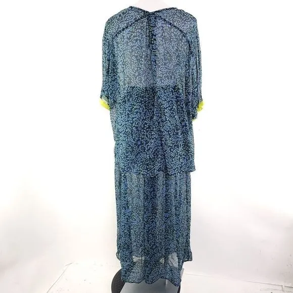 Free People Sleepin In Sheer Shirt &amp; Pant Lounge PJ Set Leopard Print Blue sz xz