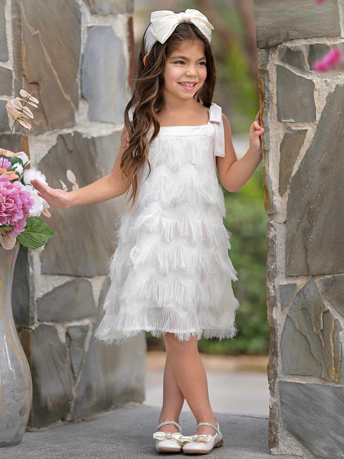 Fringe Pearl Tie Shoulder Dress