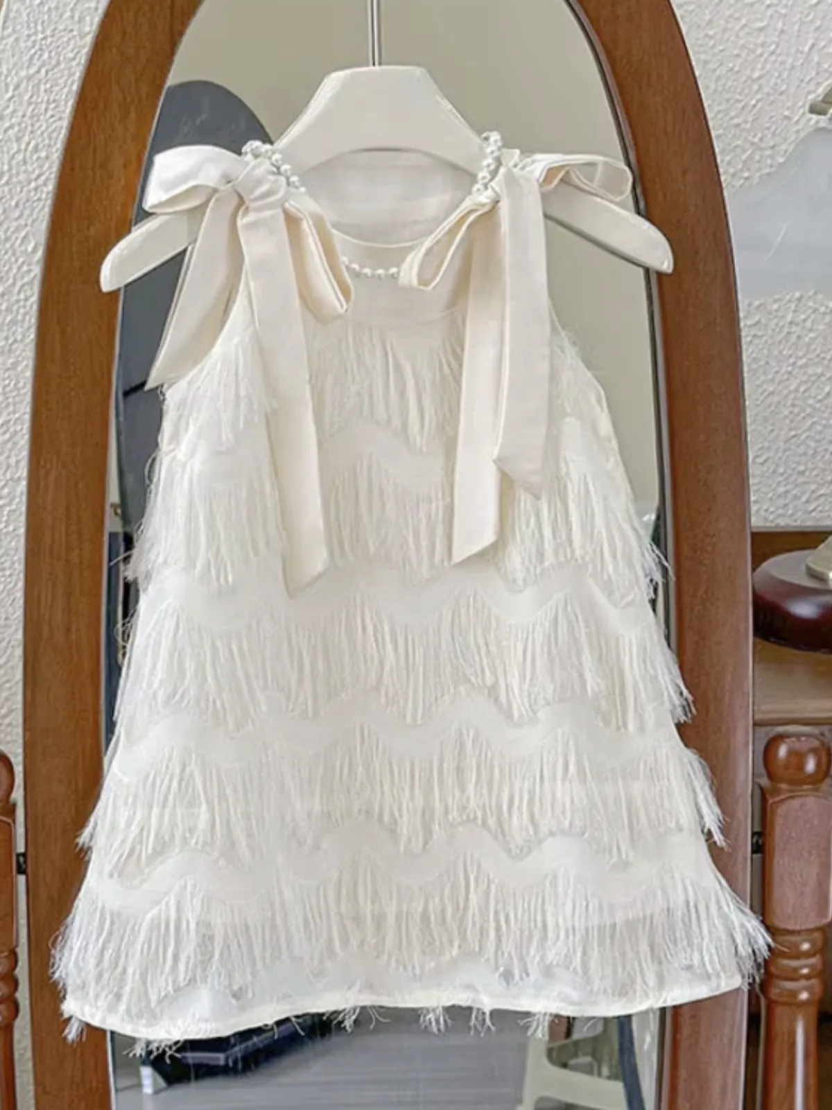 Fringe Pearl Tie Shoulder Dress