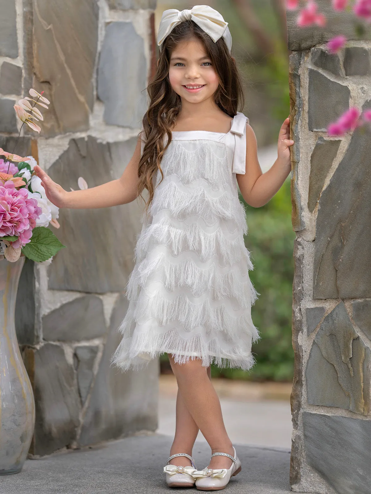 Fringe Pearl Tie Shoulder Dress