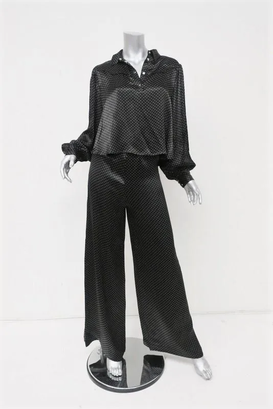 Ganni Matching Shirt & Pants Set Cameron Black Polka Dot Print Satin Size 38 NEW