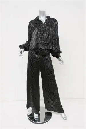 Ganni Matching Shirt & Pants Set Cameron Black Polka Dot Print Satin Size 38 NEW