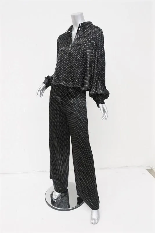 Ganni Matching Shirt & Pants Set Cameron Black Polka Dot Print Satin Size 38 NEW