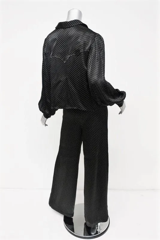 Ganni Matching Shirt & Pants Set Cameron Black Polka Dot Print Satin Size 38 NEW