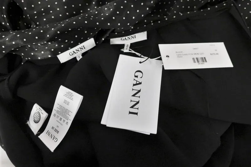 Ganni Matching Shirt & Pants Set Cameron Black Polka Dot Print Satin Size 38 NEW