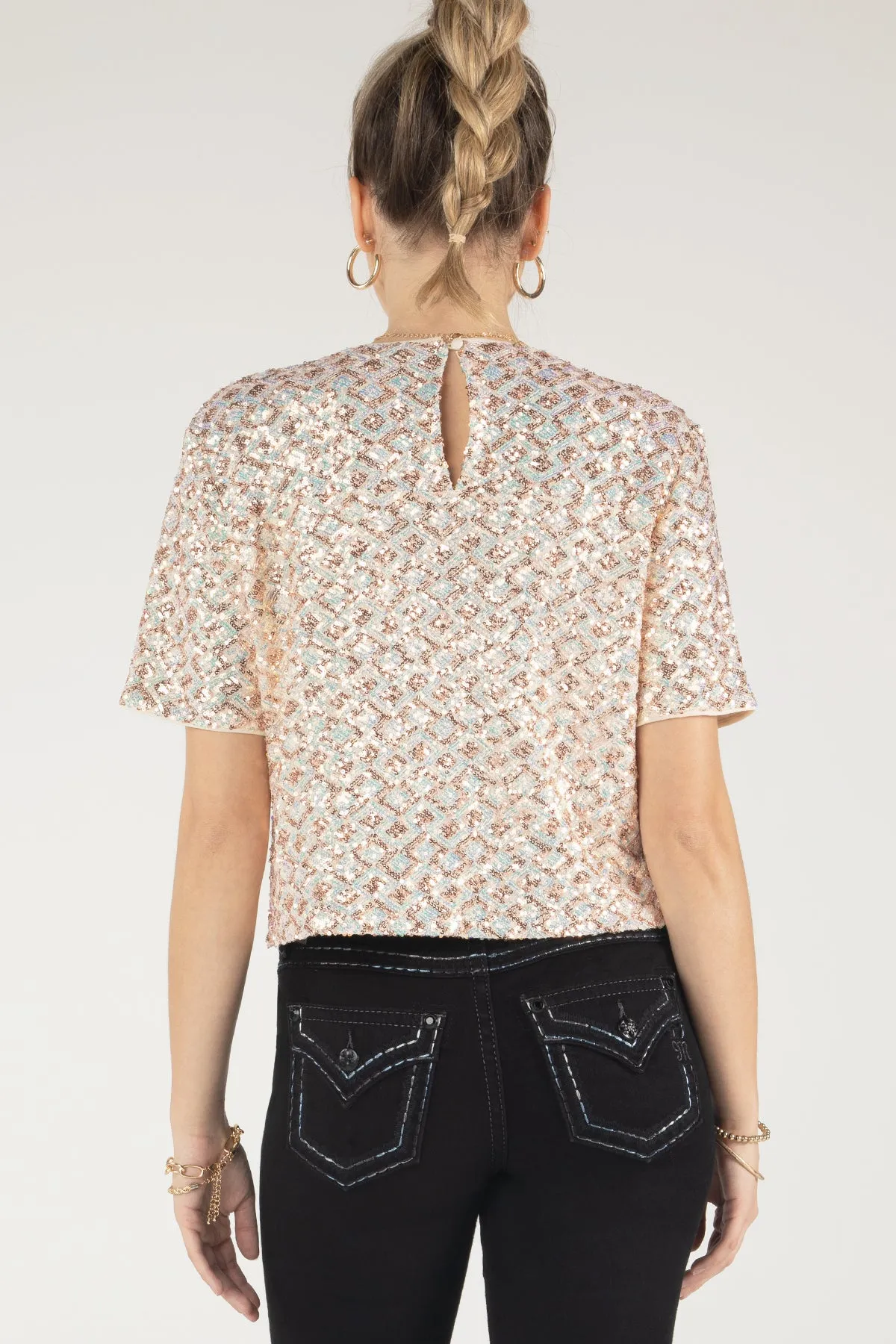 Geometric Sequin Short Sleeve Top