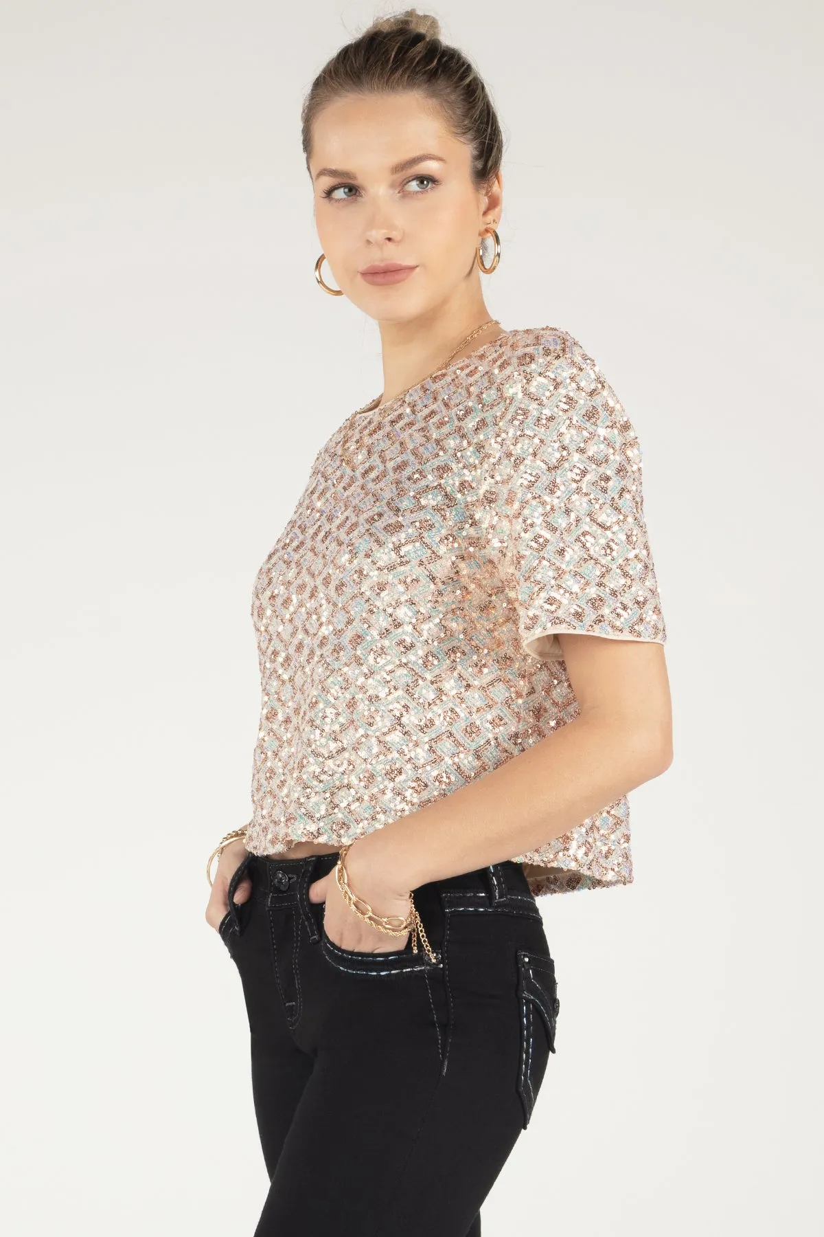Geometric Sequin Short Sleeve Top