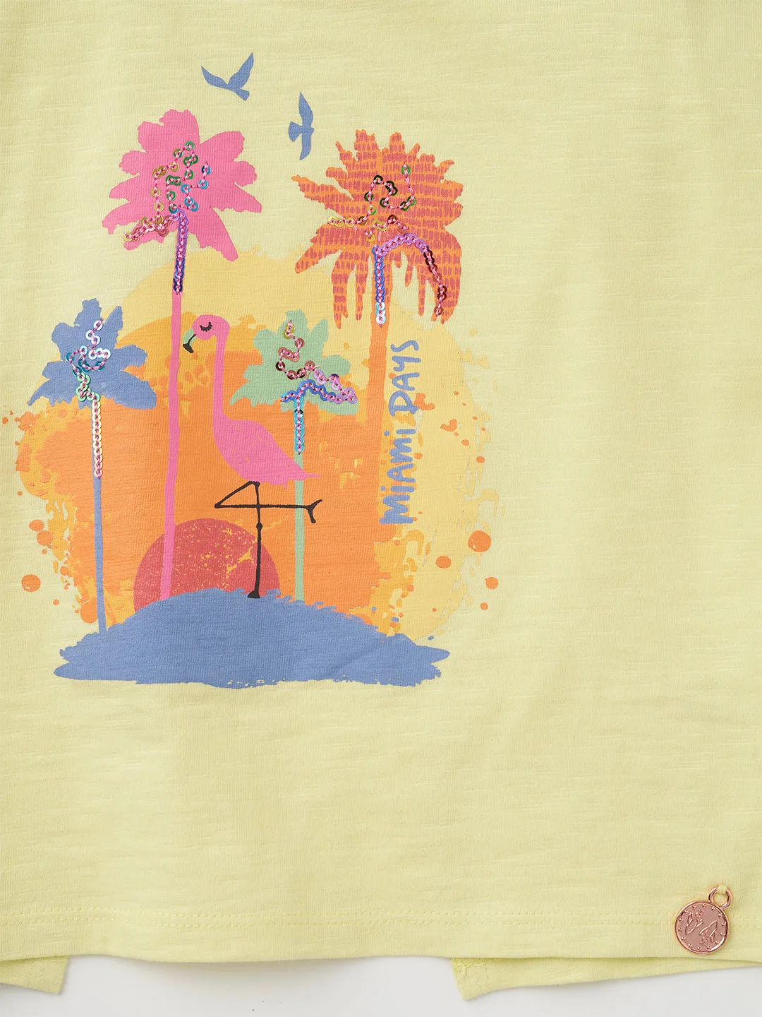 Girls Sequin Embellished Cotton Yellow Cross Back T-Shirt