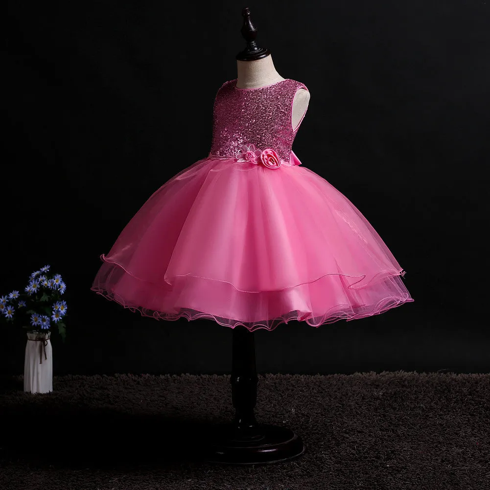 Girls Sequins Glitter Floral Tulle Pageant Party Flower Girl Dress