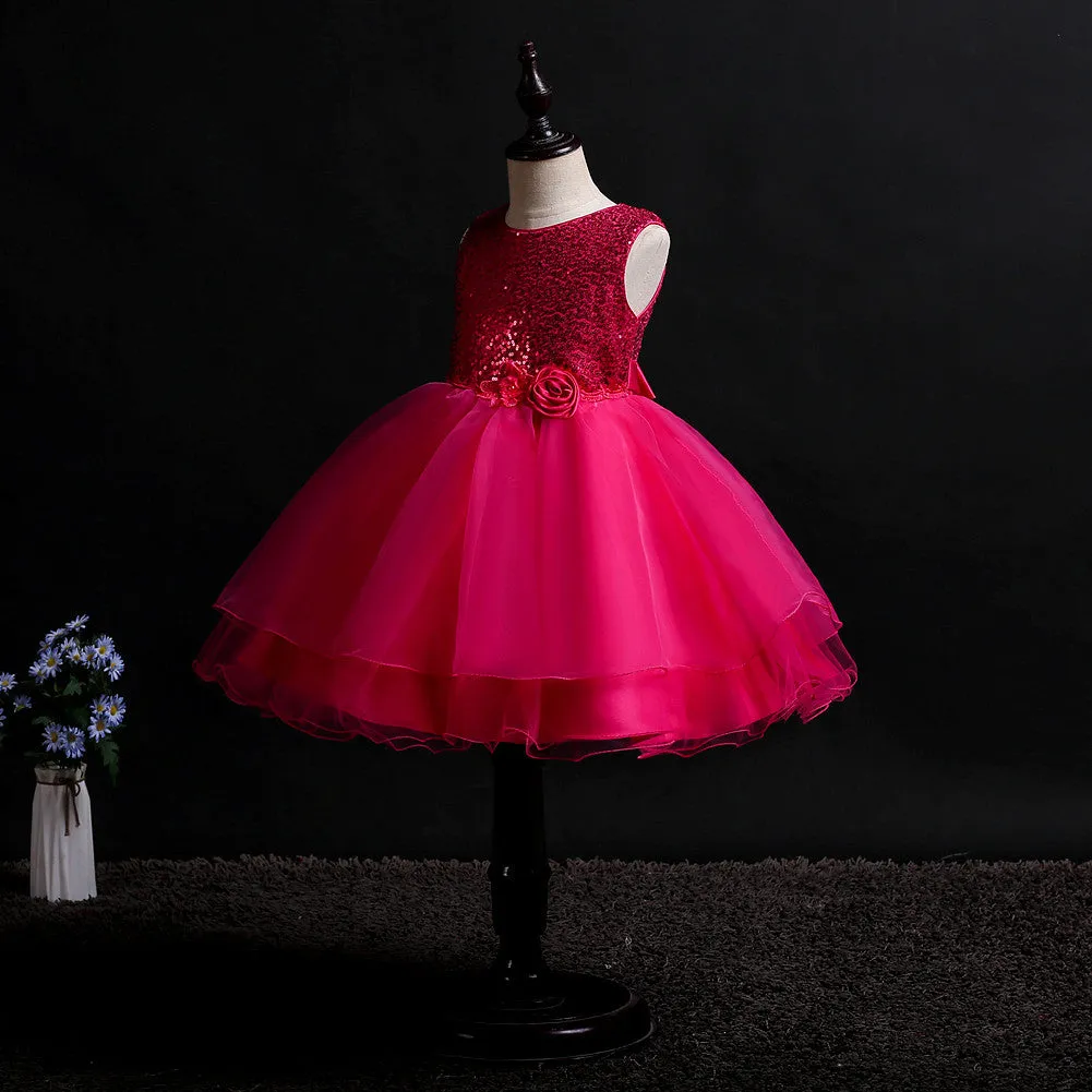 Girls Sequins Glitter Floral Tulle Pageant Party Flower Girl Dress