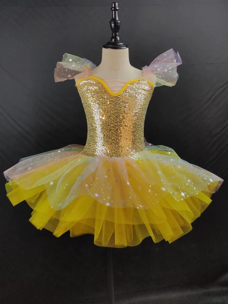 Girls Toddlers Jazz Dance Costumes Yellow Sequins Kindergarten Pink Blue Tutu Skirt Girls Ballerina Ballet Dance Dresses