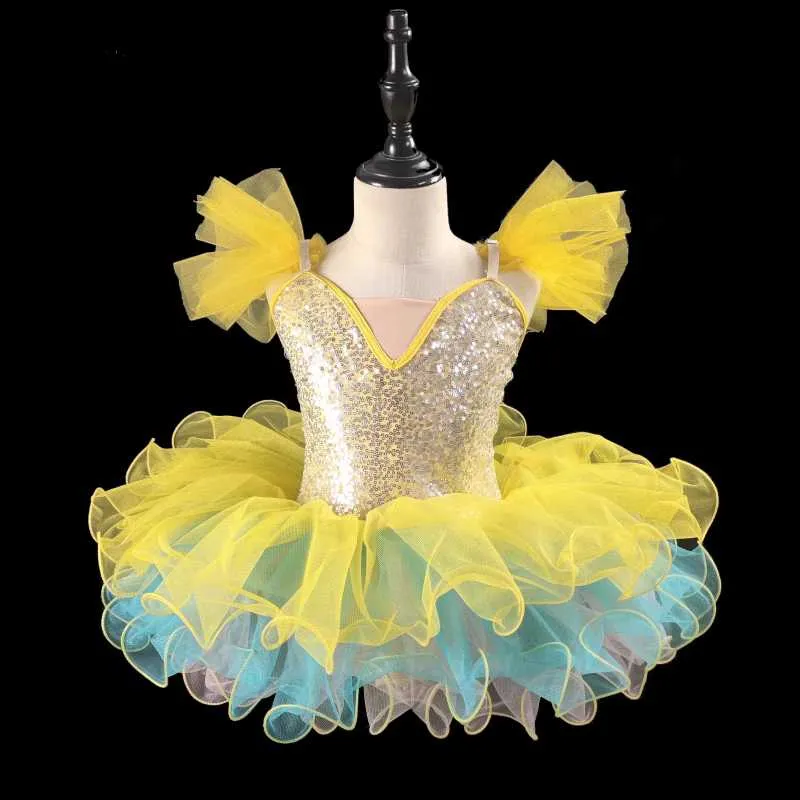 Girls Toddlers Jazz Dance Costumes Yellow Sequins Kindergarten Pink Blue Tutu Skirt Girls Ballerina Ballet Dance Dresses